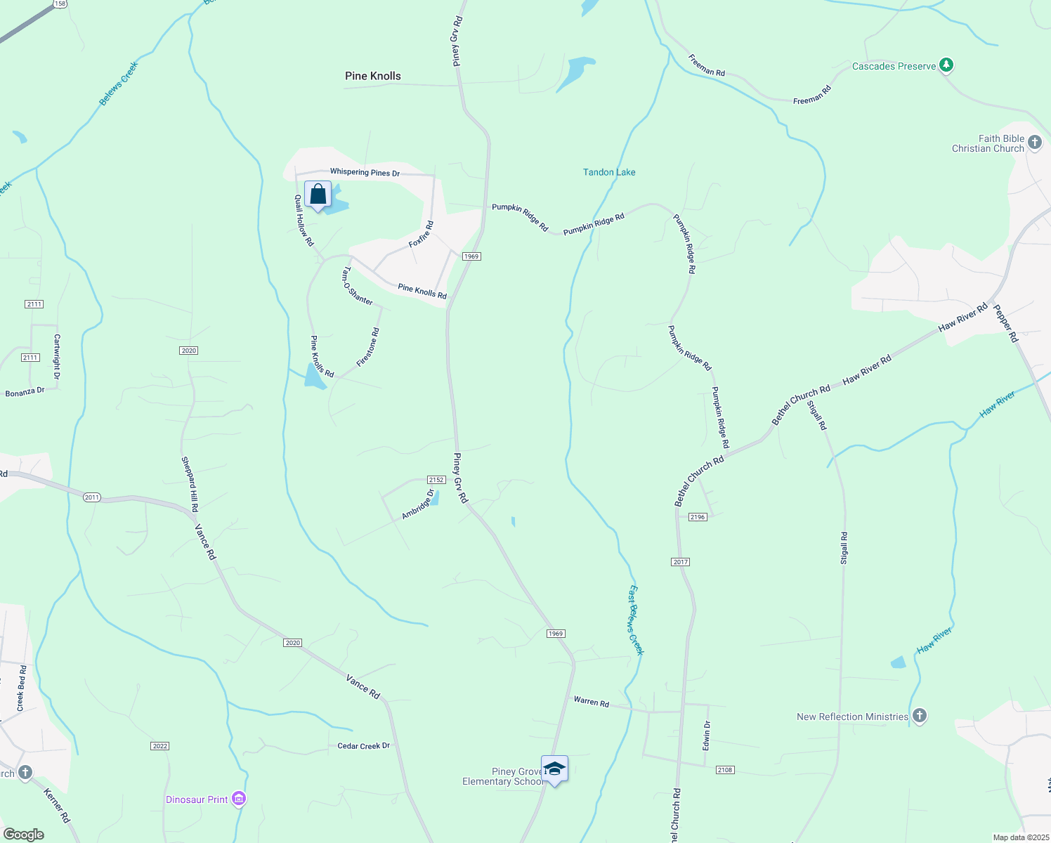 map of restaurants, bars, coffee shops, grocery stores, and more near 2160 Piney Grove Road in Kernersville