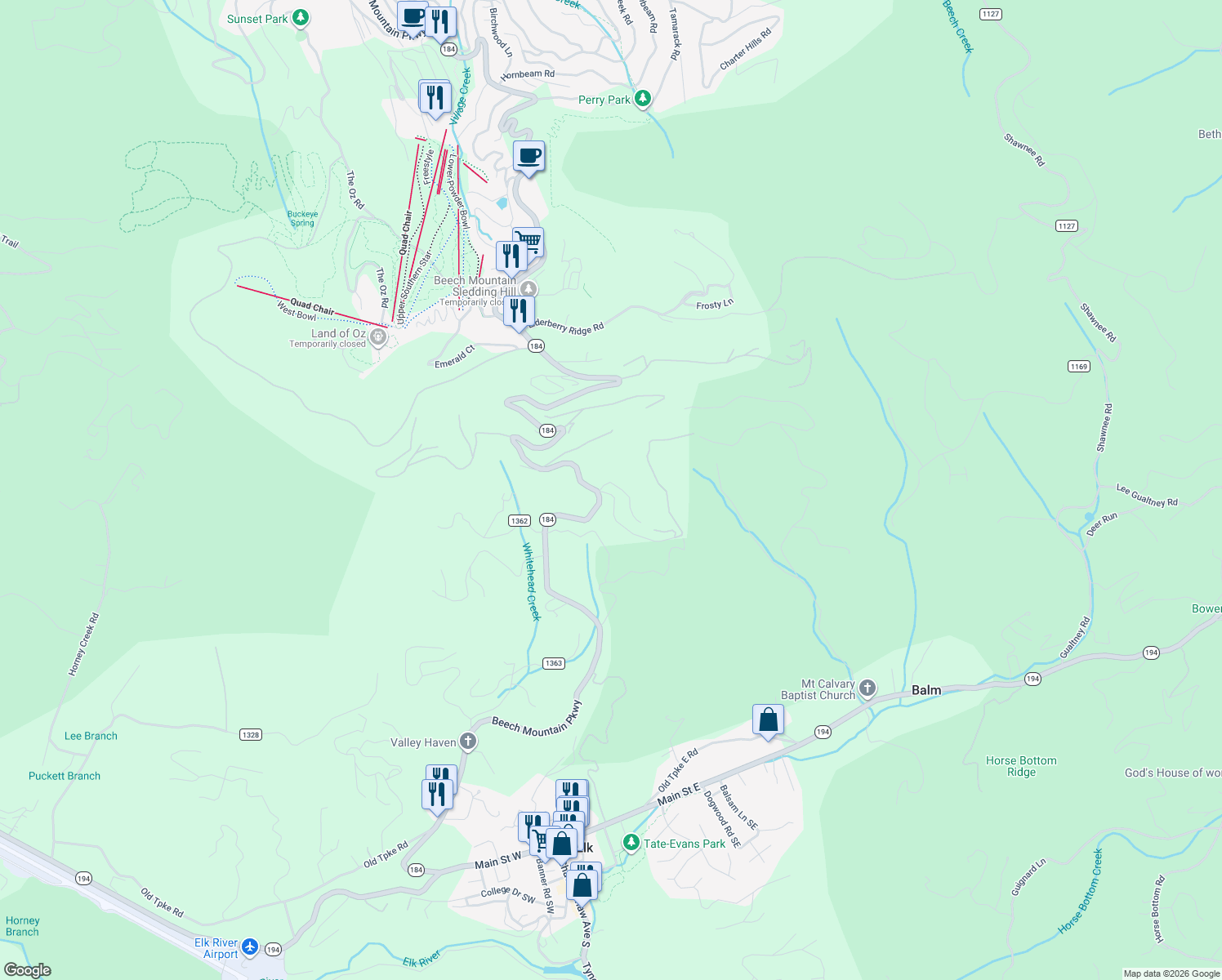 map of restaurants, bars, coffee shops, grocery stores, and more near 88 Covered Bridge Road in Banner Elk