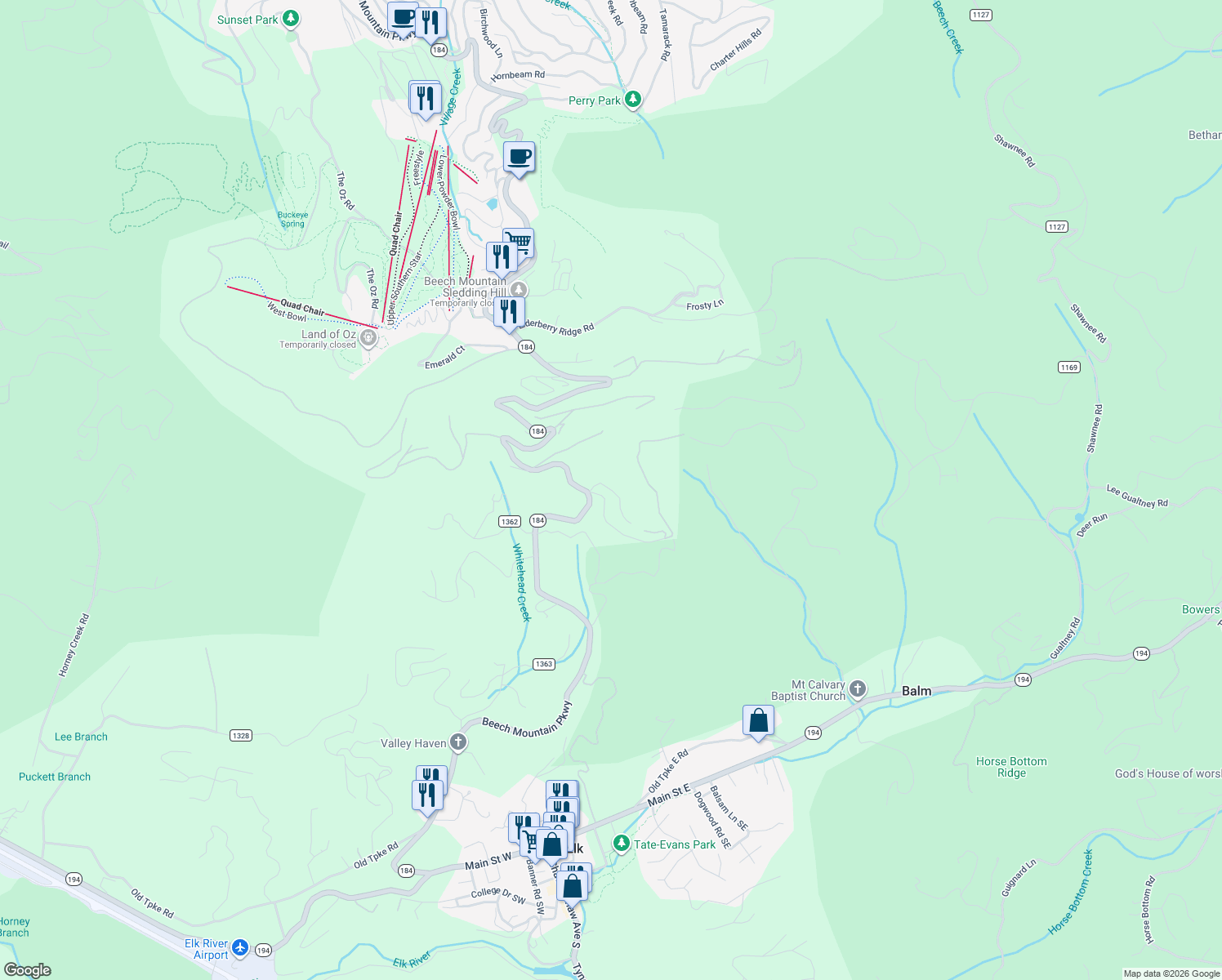 map of restaurants, bars, coffee shops, grocery stores, and more near 88 Covered Bridge Road in Banner Elk