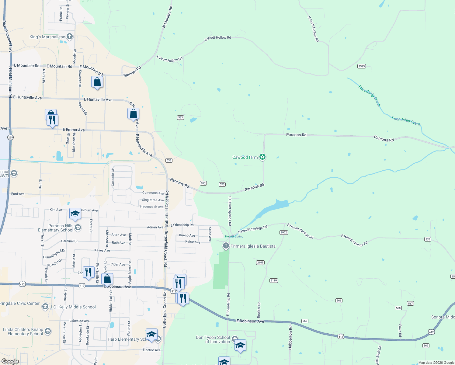 map of restaurants, bars, coffee shops, grocery stores, and more near 625 Carlock Road in Springdale