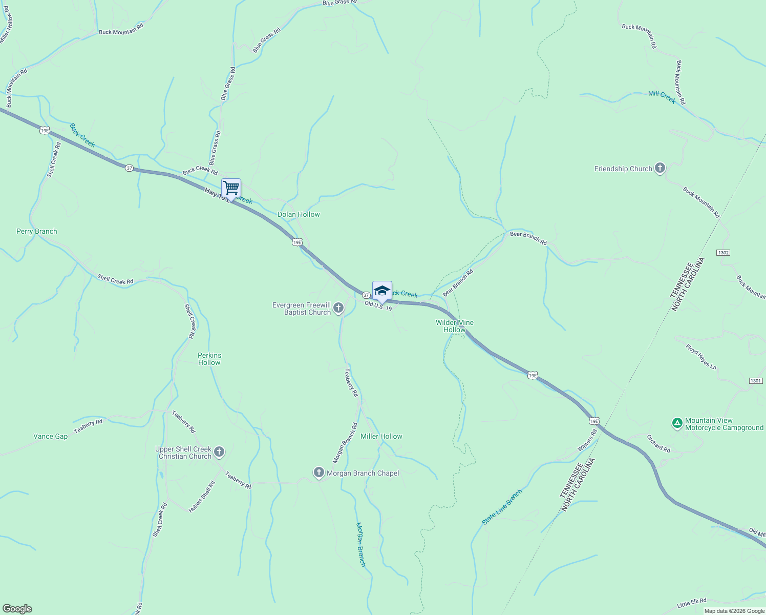 map of restaurants, bars, coffee shops, grocery stores, and more near Old U.S. 19 in Carter County