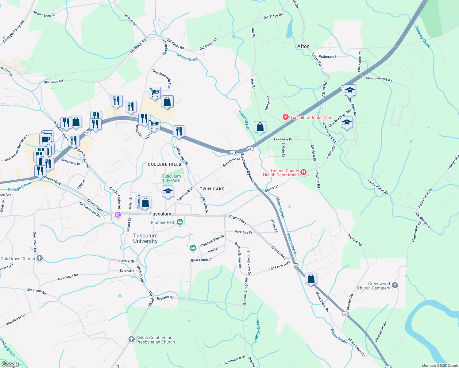 map of restaurants, bars, coffee shops, grocery stores, and more near 72 E Ridgefield Ct in Greeneville