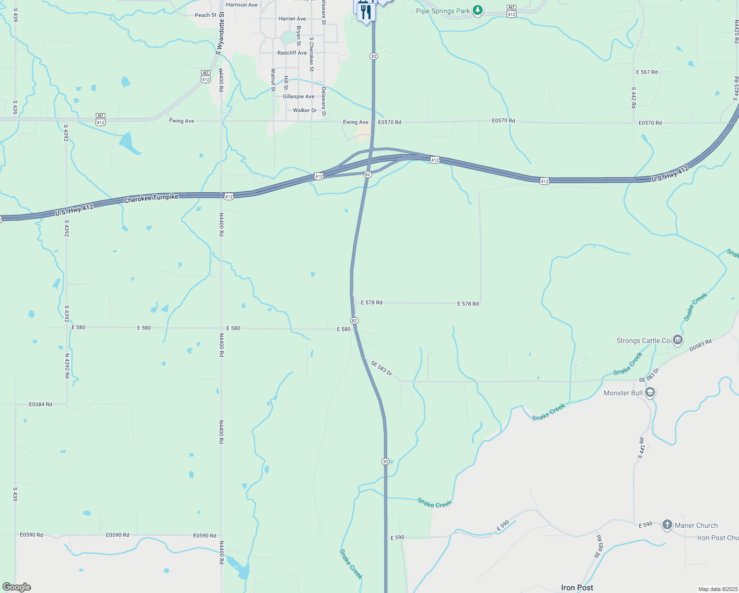 map of restaurants, bars, coffee shops, grocery stores, and more near 6109 East 578 Road in Locust Grove
