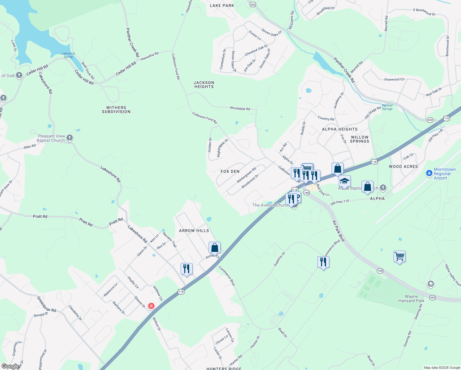 map of restaurants, bars, coffee shops, grocery stores, and more near 6296 Wintergreen Rd in Morristown