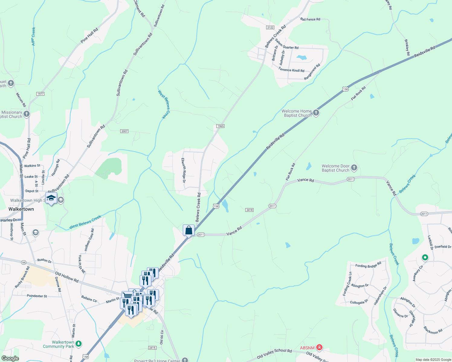 map of restaurants, bars, coffee shops, grocery stores, and more near 5100 Yorkwood Dr in Walkertown