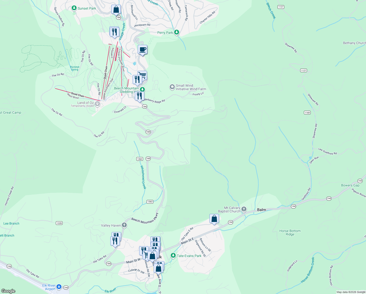 map of restaurants, bars, coffee shops, grocery stores, and more near 442 Grey Fox Ridge Road in Banner Elk