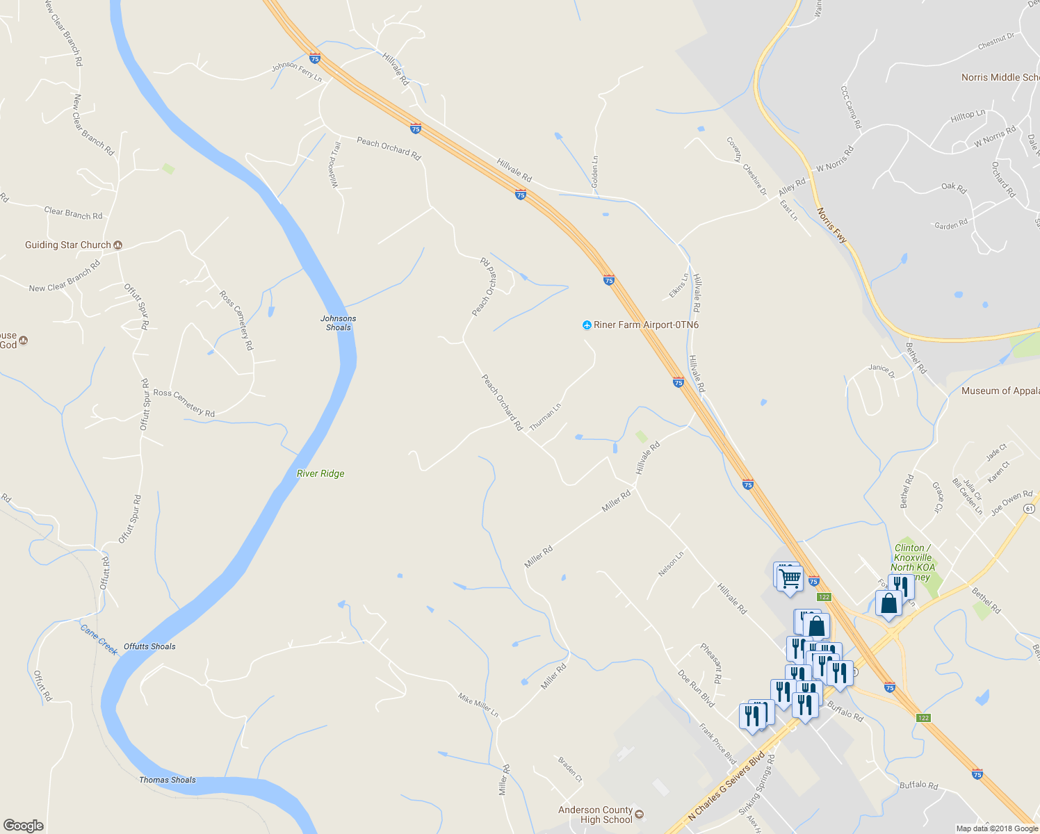 map of restaurants, bars, coffee shops, grocery stores, and more near 312 Peach Orchard Road in Clinton