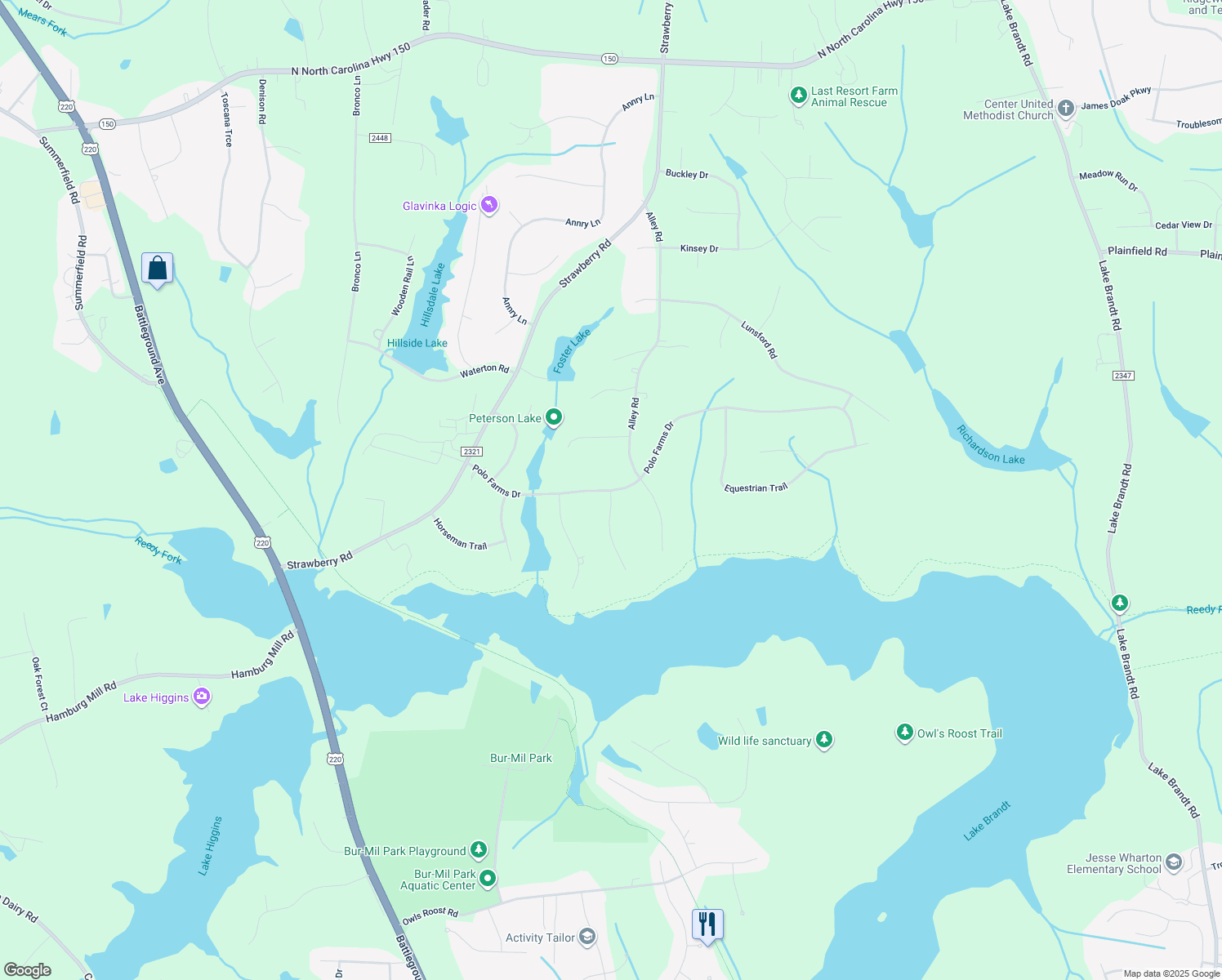 map of restaurants, bars, coffee shops, grocery stores, and more near 6801 Polo Farms Drive in Summerfield
