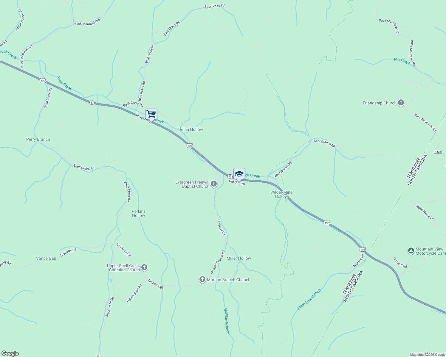 map of restaurants, bars, coffee shops, grocery stores, and more near Old U.S. 19 in Carter County