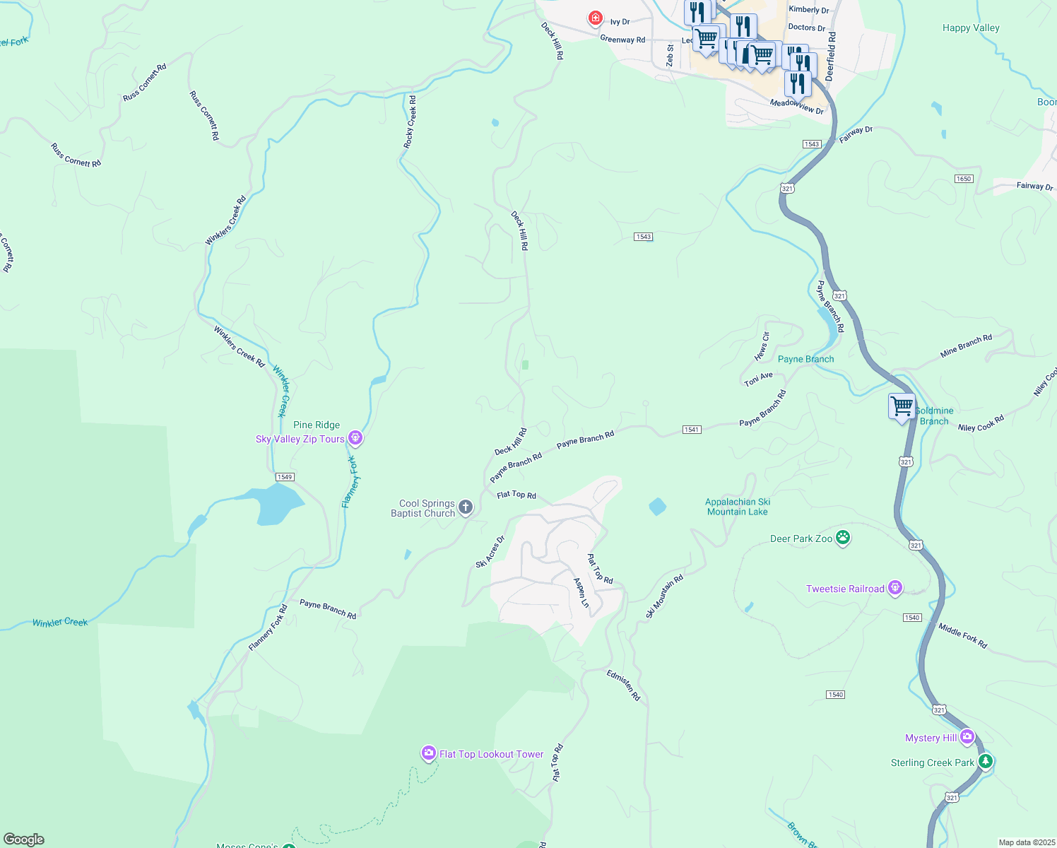 map of restaurants, bars, coffee shops, grocery stores, and more near 115 Split Rail Lane in Blowing Rock