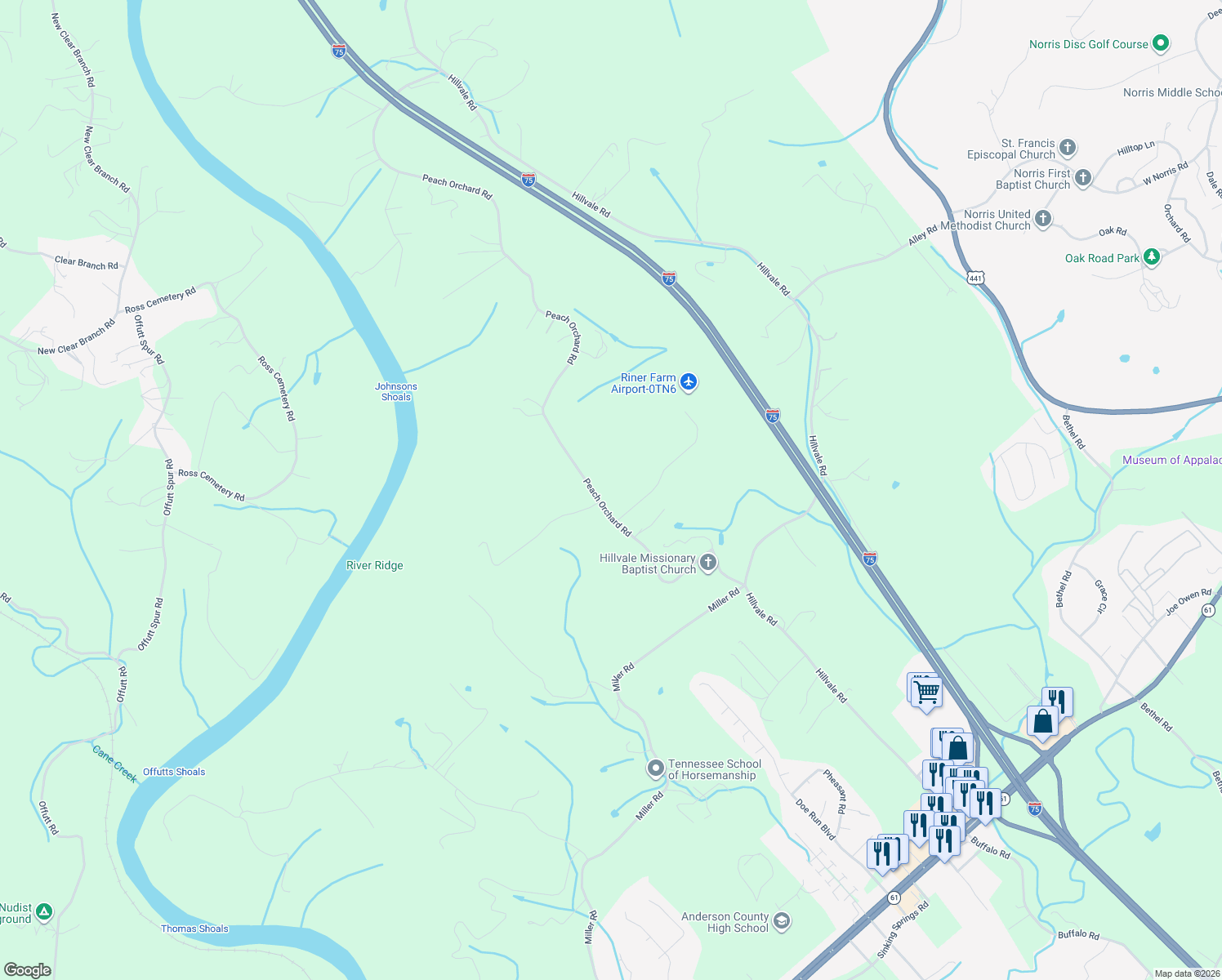 map of restaurants, bars, coffee shops, grocery stores, and more near 312 Peach Orchard Road in Clinton