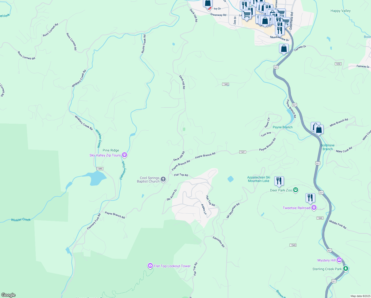 map of restaurants, bars, coffee shops, grocery stores, and more near 115 Split Rail Lane in Blowing Rock