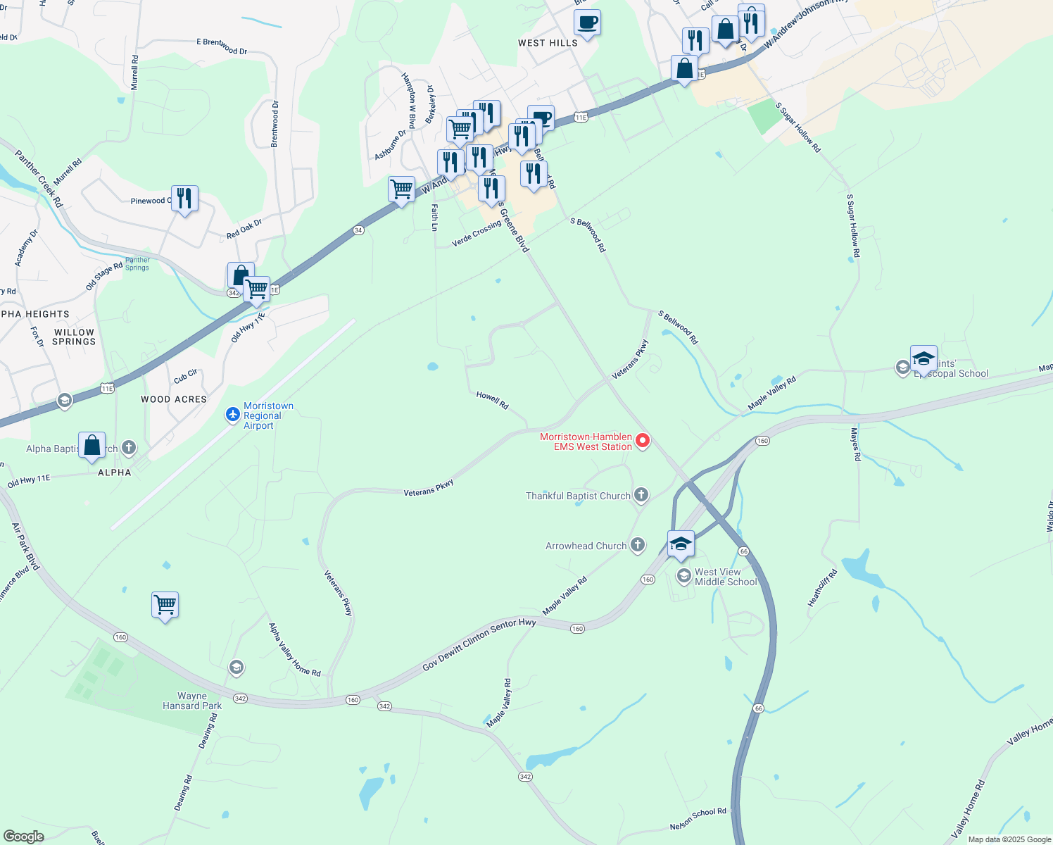 map of restaurants, bars, coffee shops, grocery stores, and more near 1150 Howell Road in Morristown