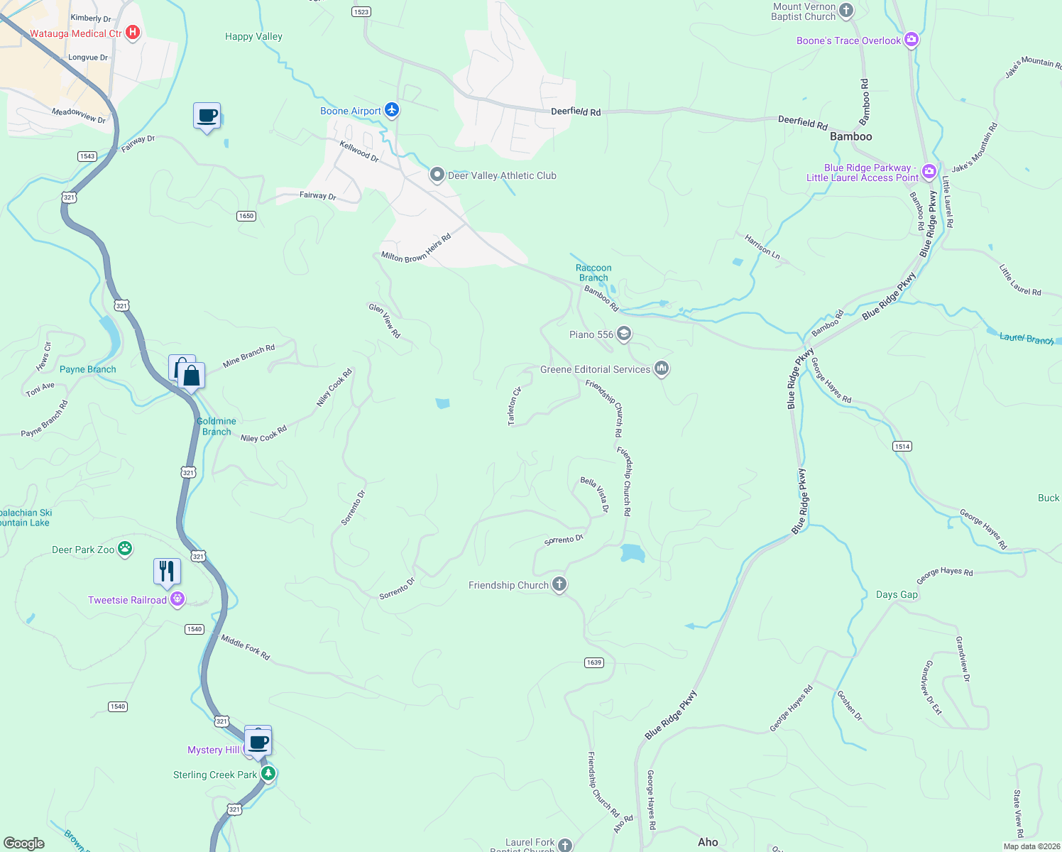 map of restaurants, bars, coffee shops, grocery stores, and more near 606 Tarleton Circle in Boone