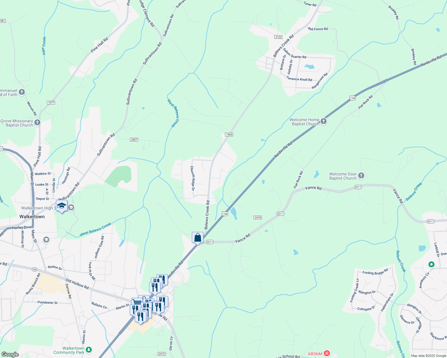 map of restaurants, bars, coffee shops, grocery stores, and more near 5363 Buxbury Court in Walkertown