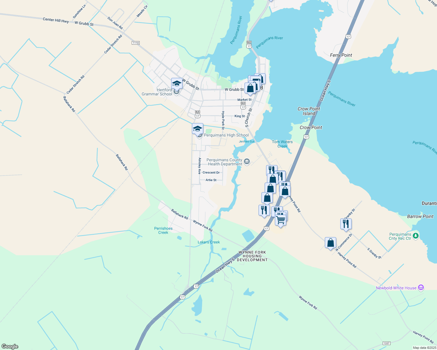 map of restaurants, bars, coffee shops, grocery stores, and more near 205 Crescent Drive in Hertford