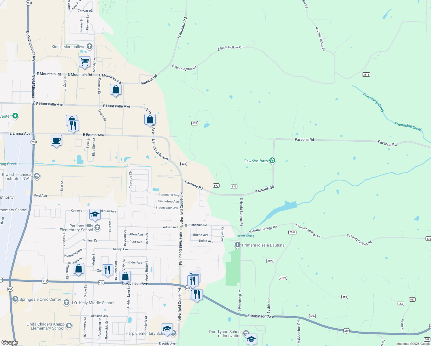 map of restaurants, bars, coffee shops, grocery stores, and more near 500 Shorty Hill Road in Springdale