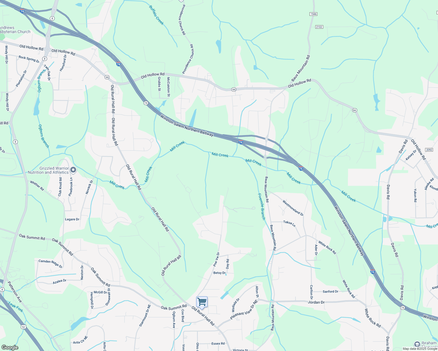 map of restaurants, bars, coffee shops, grocery stores, and more near 5636 Pine View Drive in Winston-Salem