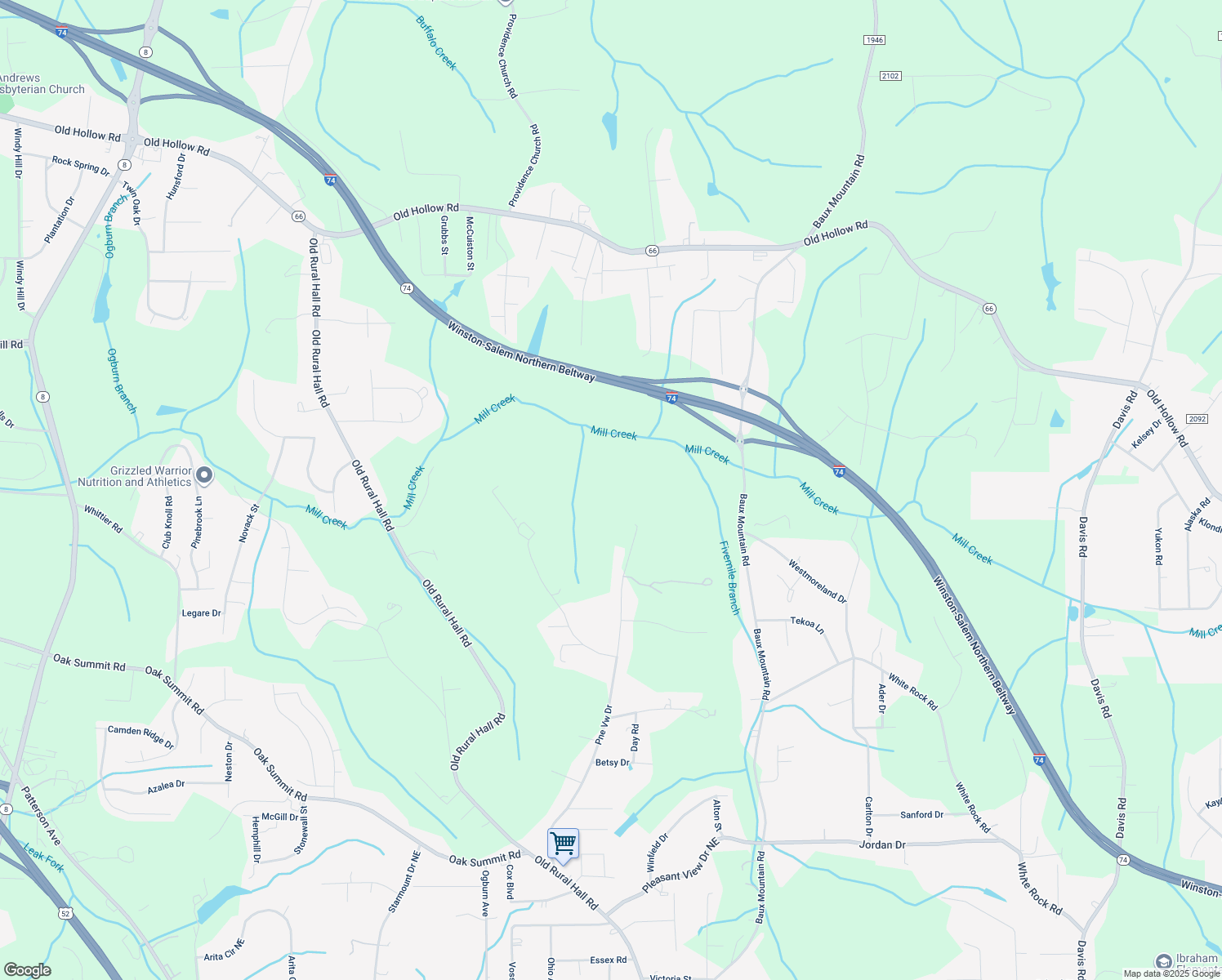 map of restaurants, bars, coffee shops, grocery stores, and more near 5636 Pine View Drive in Winston-Salem