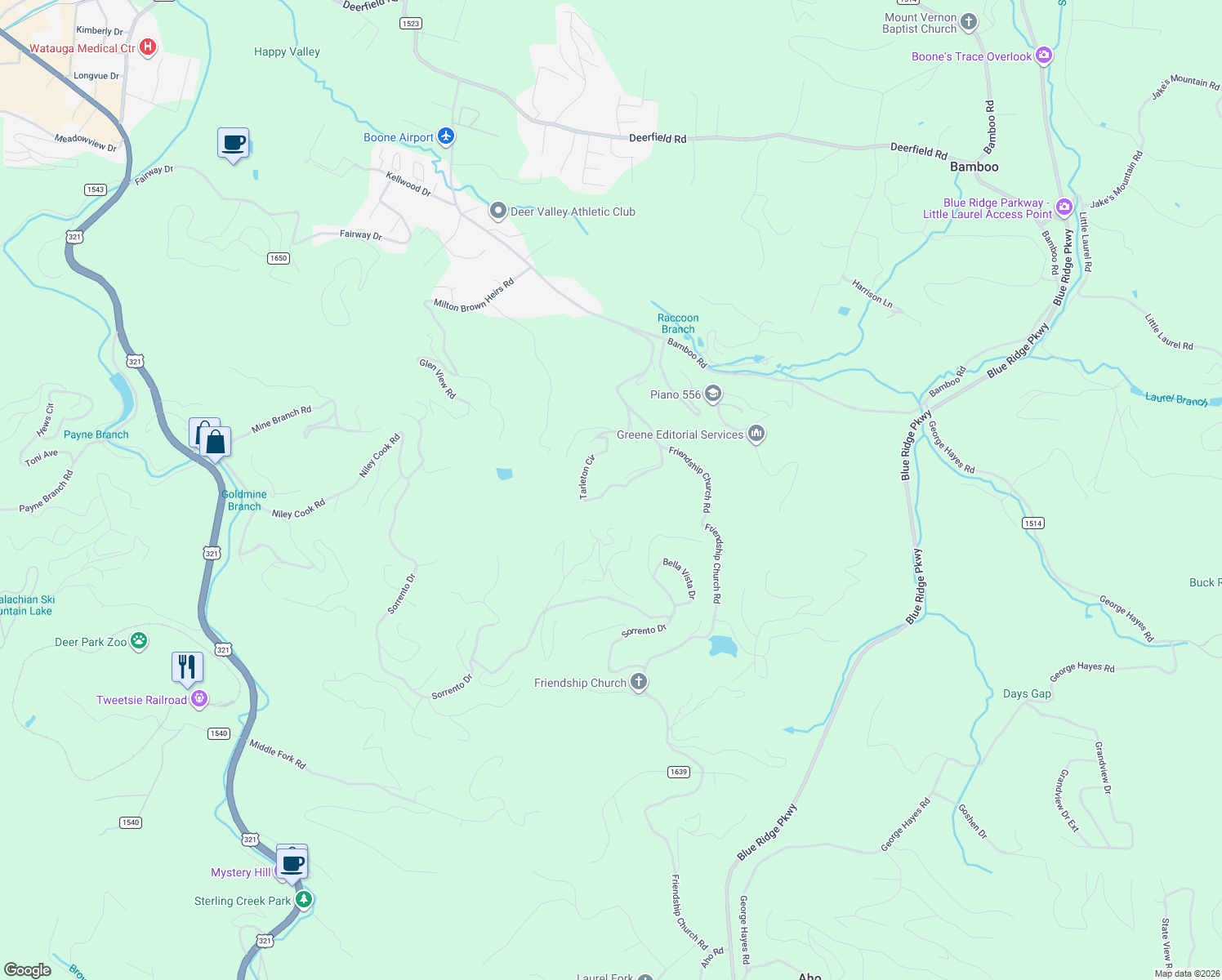 map of restaurants, bars, coffee shops, grocery stores, and more near 606 Tarleton Circle in Boone