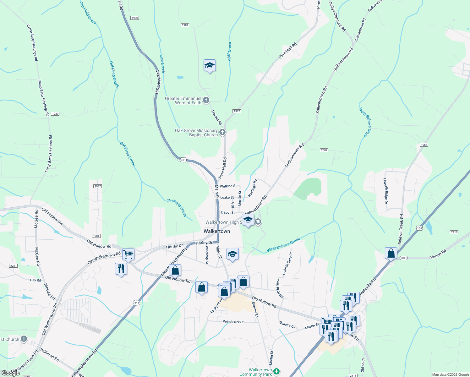 map of restaurants, bars, coffee shops, grocery stores, and more near 3774 Watkins Street in Walkertown
