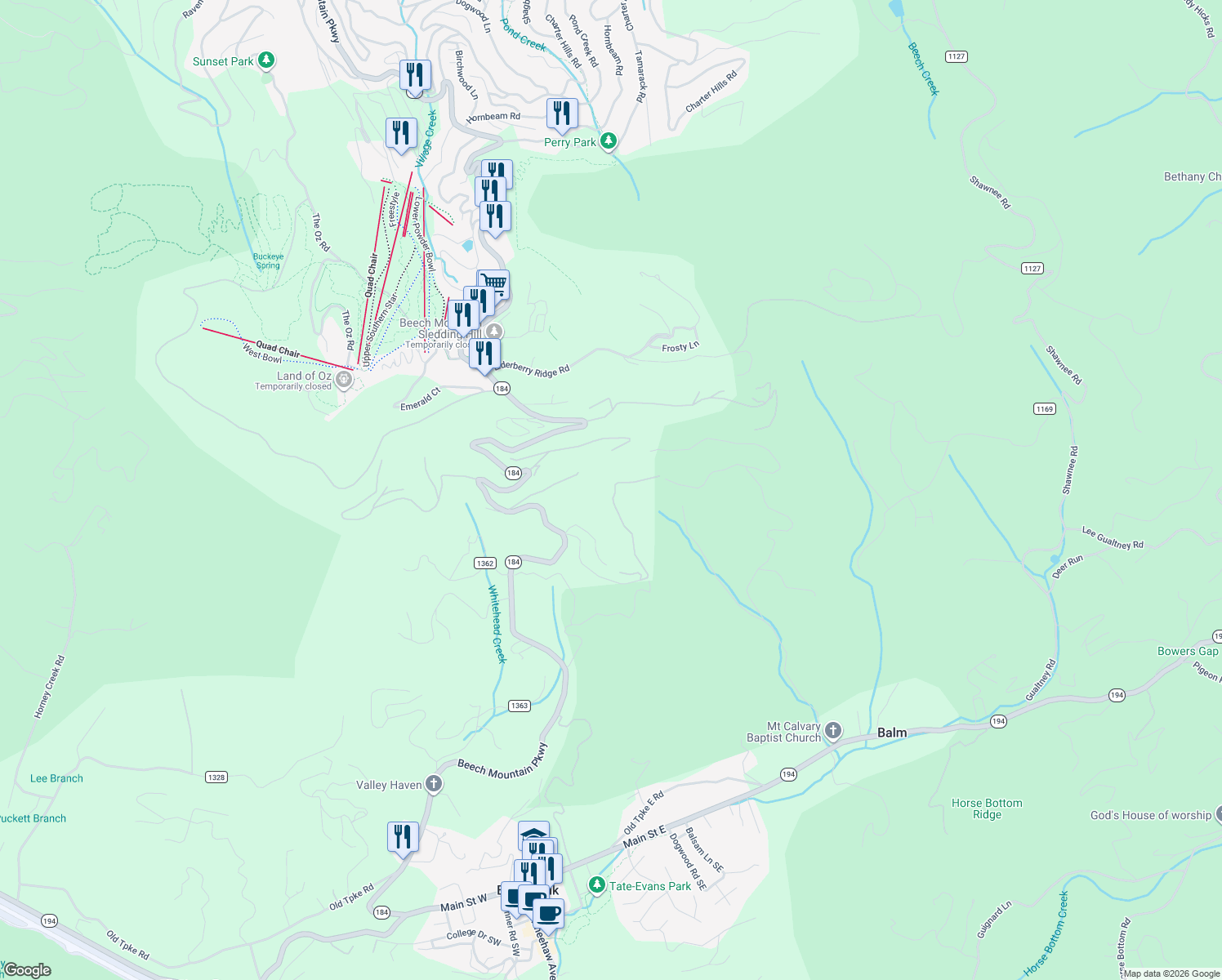 map of restaurants, bars, coffee shops, grocery stores, and more near 595 Grey Fox Ridge Road in Banner Elk