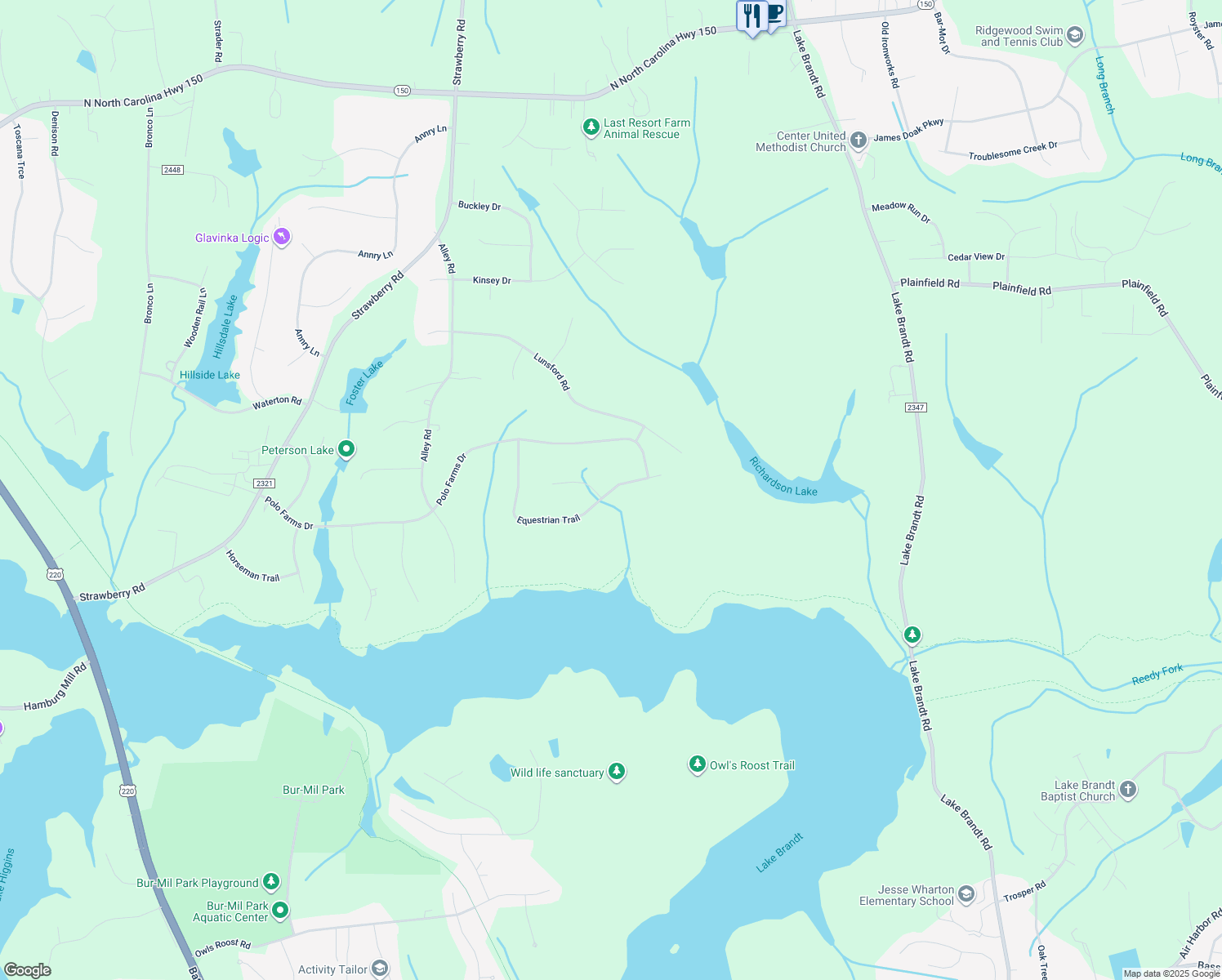 map of restaurants, bars, coffee shops, grocery stores, and more near 6899 Equestrian Trail in Summerfield