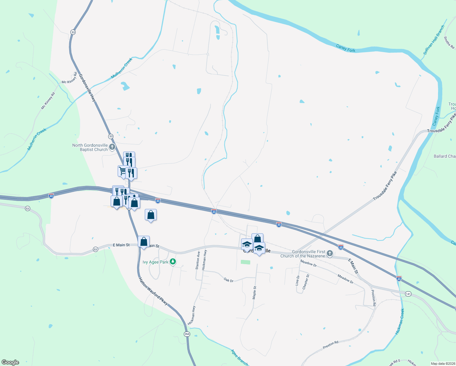 map of restaurants, bars, coffee shops, grocery stores, and more near 267 Hogan Road in Gordonsville