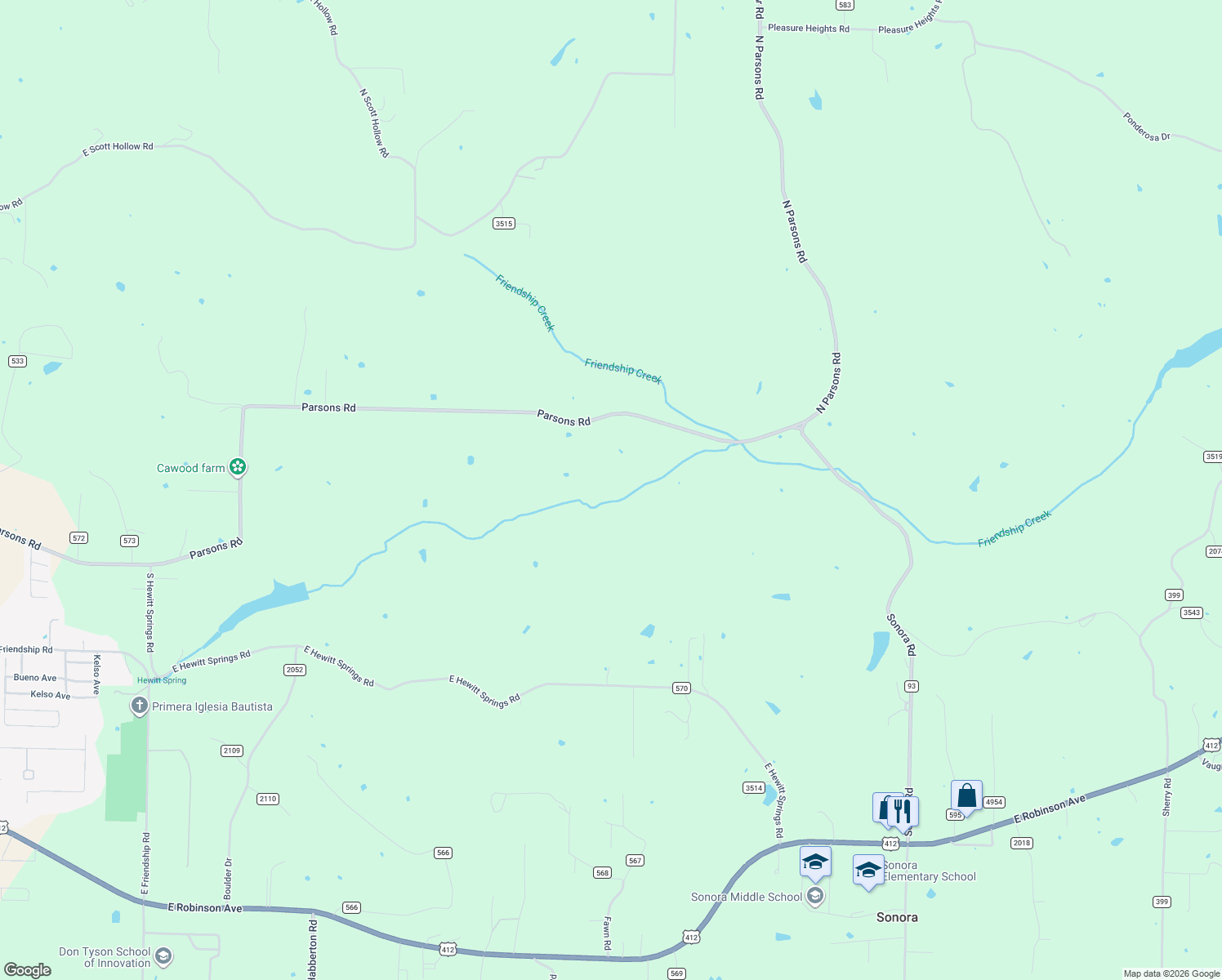 map of restaurants, bars, coffee shops, grocery stores, and more near 16481 Parsons Road in Springdale