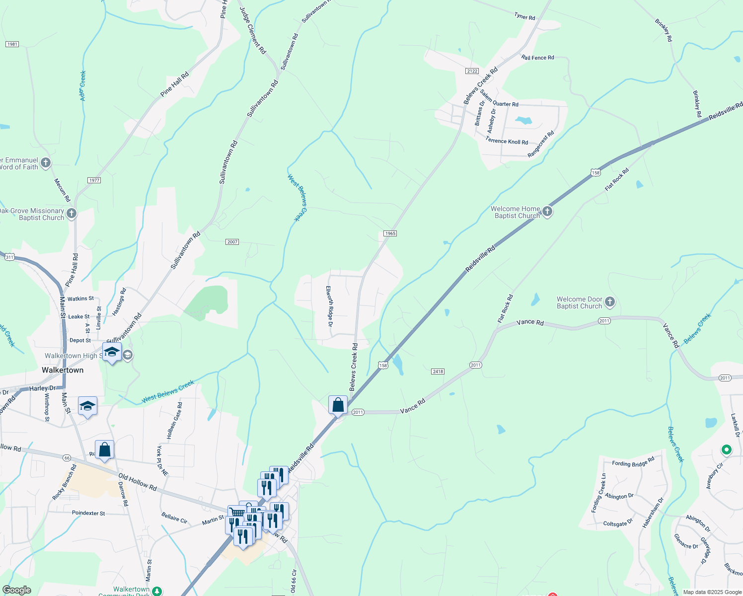map of restaurants, bars, coffee shops, grocery stores, and more near 5366 Buxbury Court in Walkertown