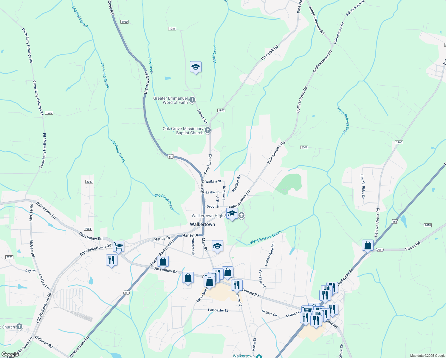 map of restaurants, bars, coffee shops, grocery stores, and more near 3785 Watkins Street in Walkertown