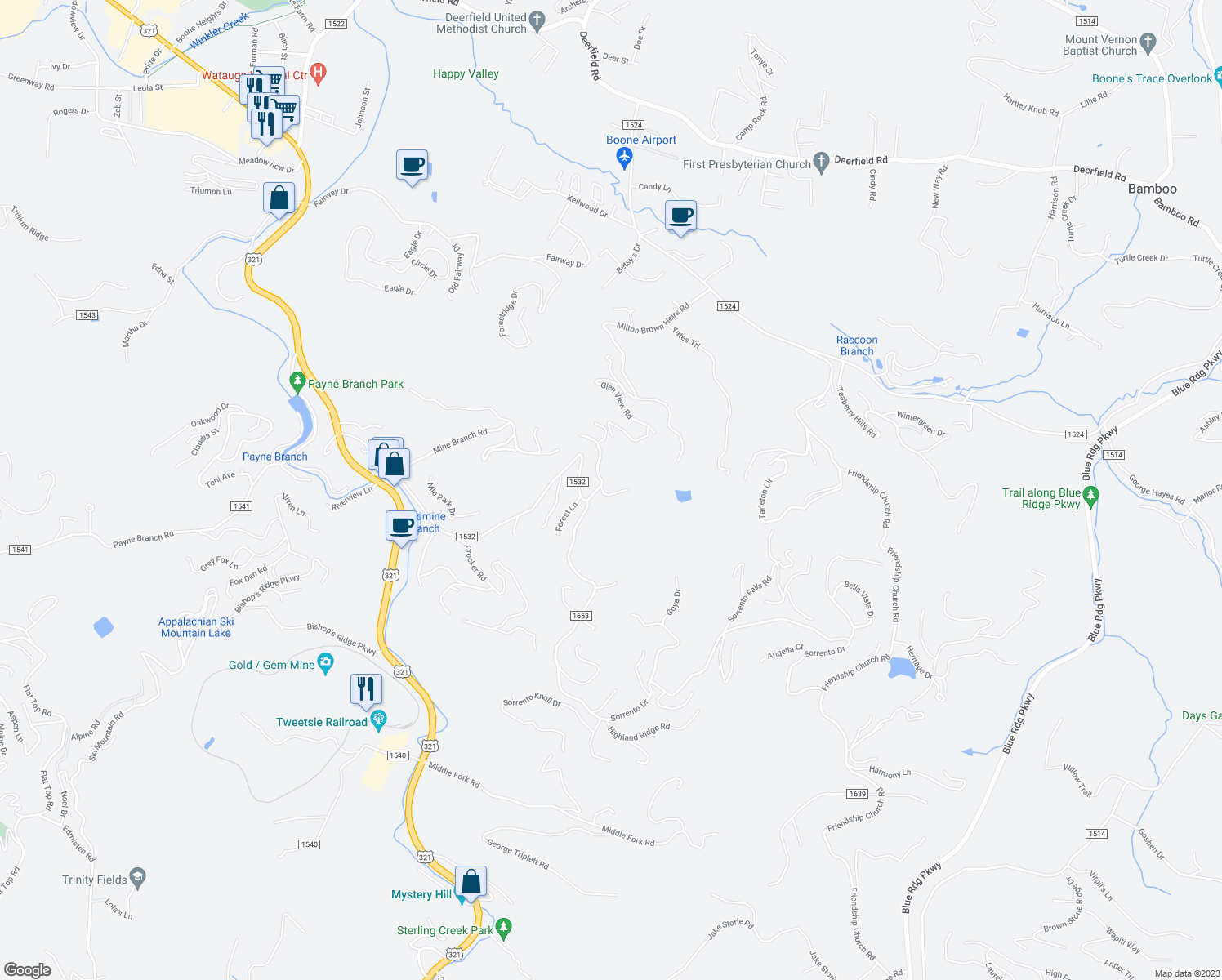 map of restaurants, bars, coffee shops, grocery stores, and more near 151 Tempcopy Street in Blowing Rock