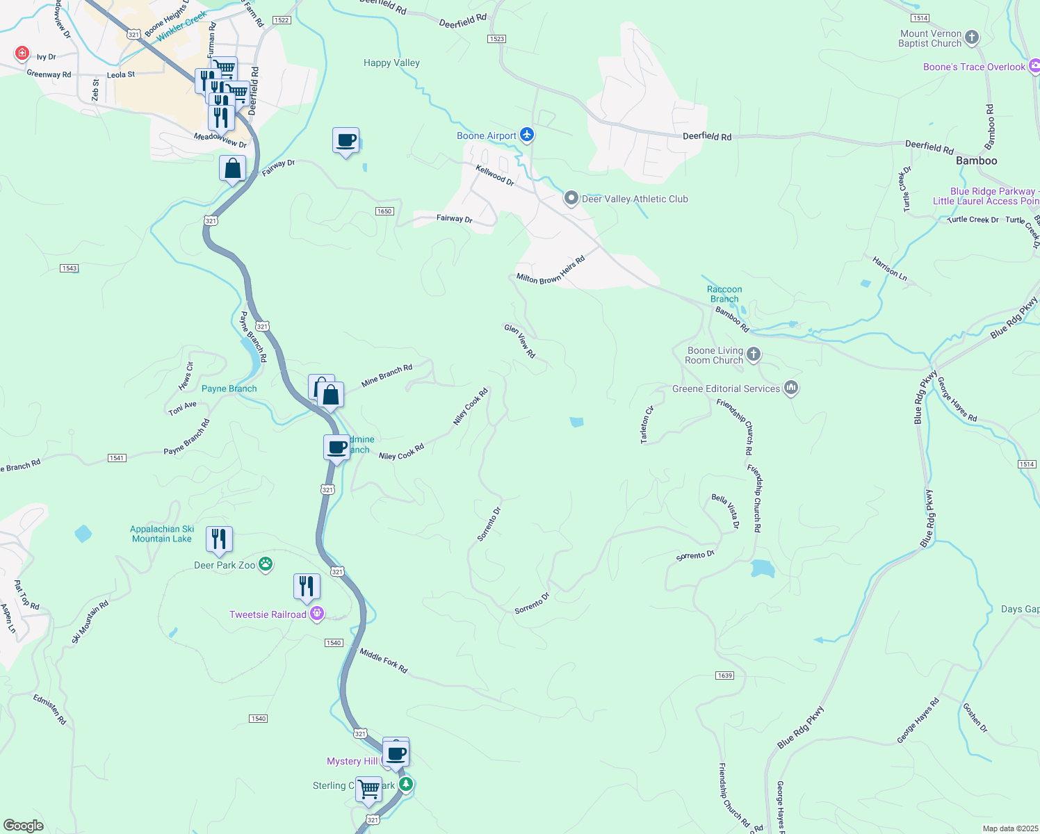 map of restaurants, bars, coffee shops, grocery stores, and more near 151 Tempcopy Street in Blowing Rock