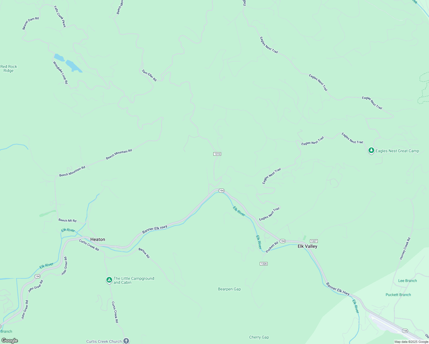map of restaurants, bars, coffee shops, grocery stores, and more near 345 Sam Eller Road in Elk Park