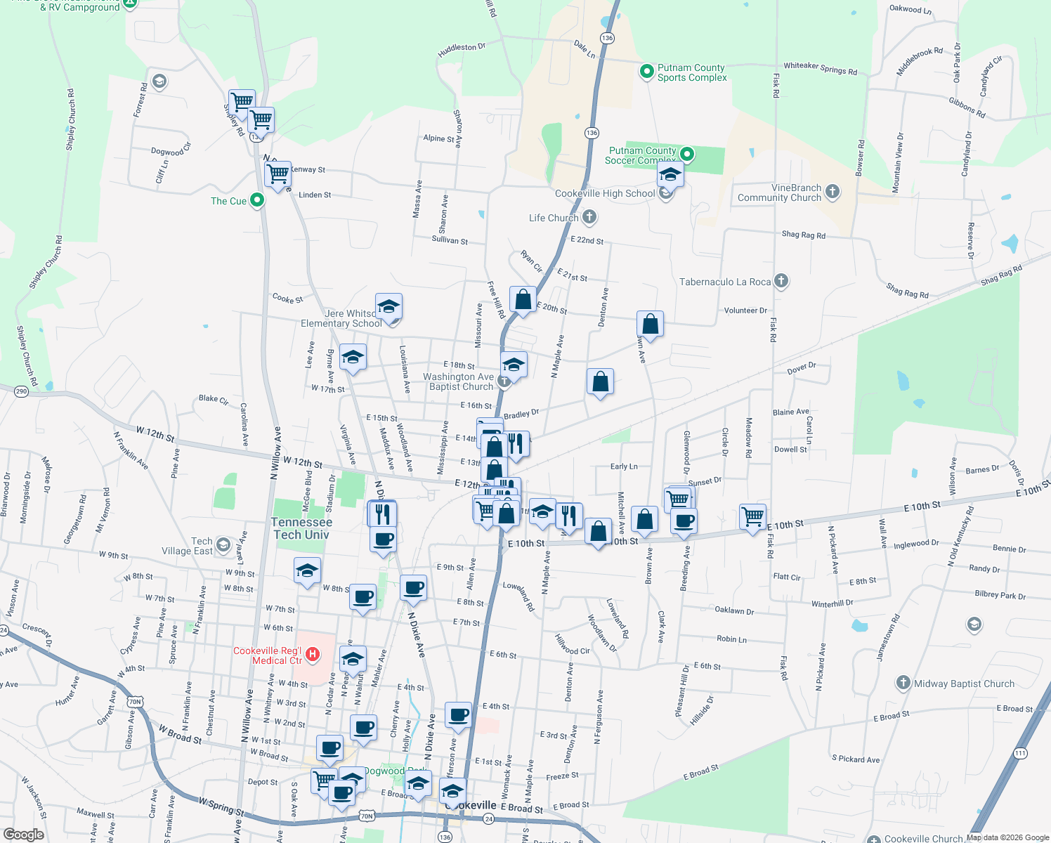 map of restaurants, bars, coffee shops, grocery stores, and more near 501 Bradley Dr in Cookeville