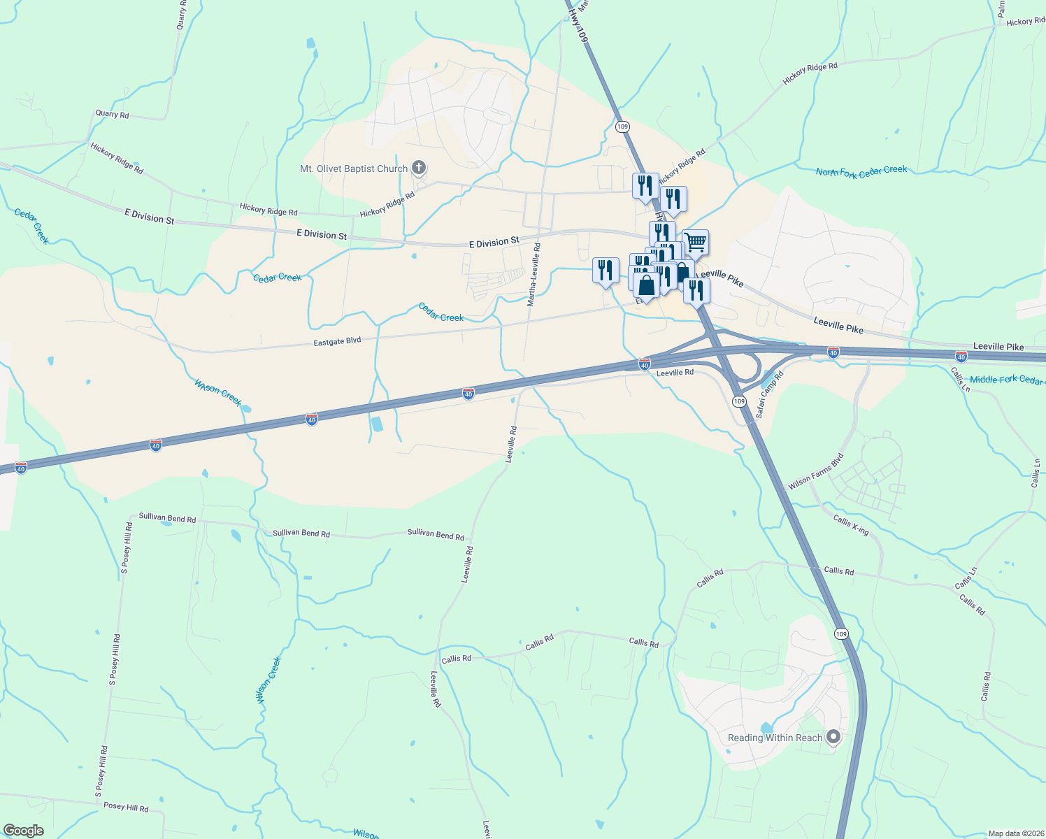 map of restaurants, bars, coffee shops, grocery stores, and more near 833 Leeville Rd in Lebanon