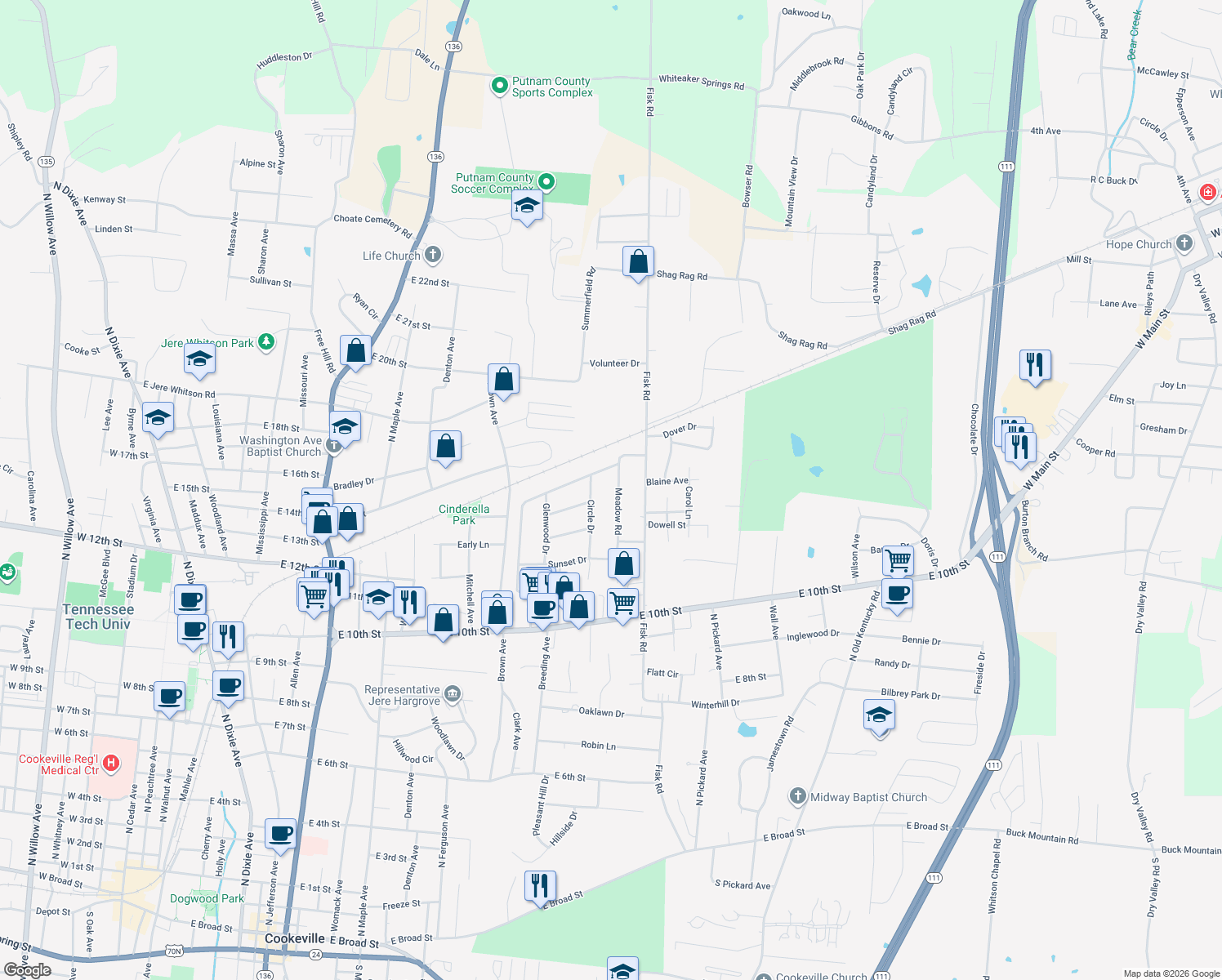 map of restaurants, bars, coffee shops, grocery stores, and more near 1256 Meadow Rd in Cookeville