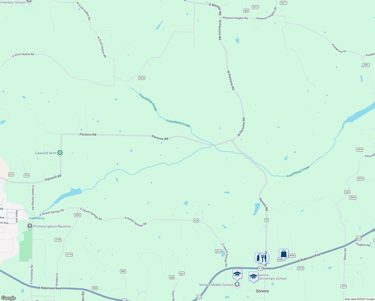 map of restaurants, bars, coffee shops, grocery stores, and more near 16755 Parsons Road in Springdale