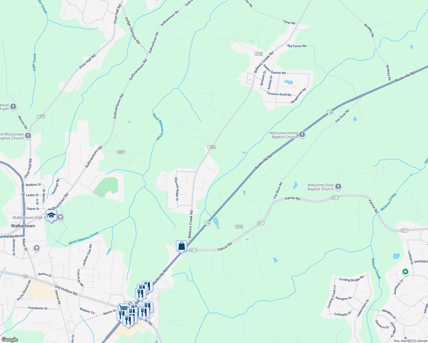 map of restaurants, bars, coffee shops, grocery stores, and more near 6764 Eldred Road in Walkertown