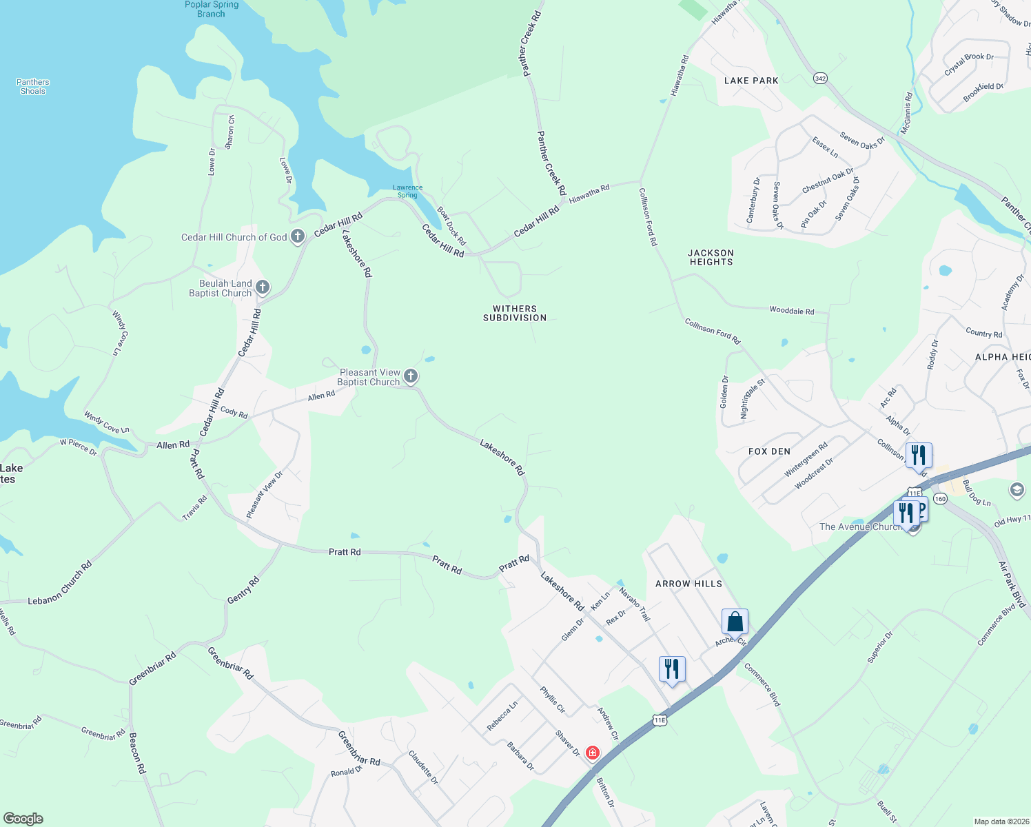 map of restaurants, bars, coffee shops, grocery stores, and more near 1154 Lakeshore Rd in Hamblen