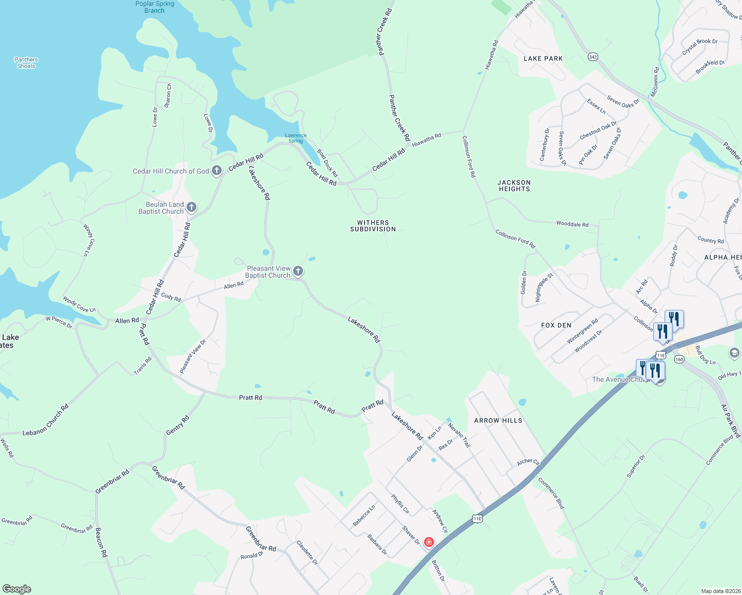 map of restaurants, bars, coffee shops, grocery stores, and more near 1154 Lakeshore Rd in Hamblen