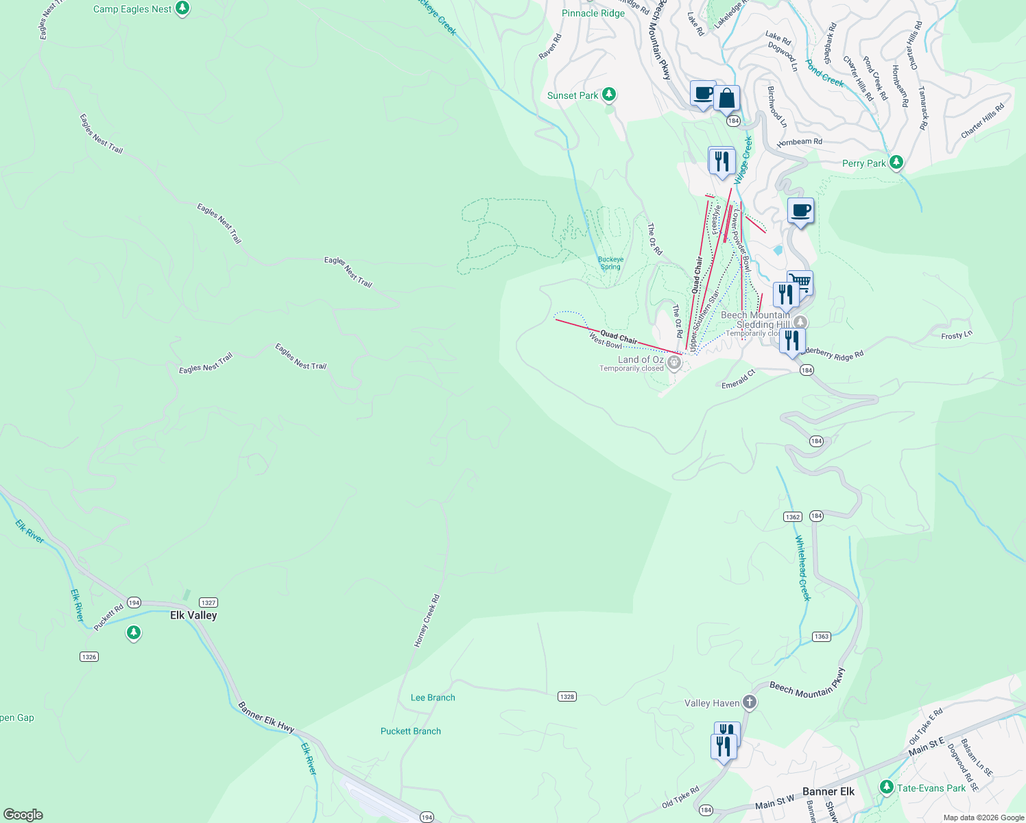 map of restaurants, bars, coffee shops, grocery stores, and more near in Beech Mountain