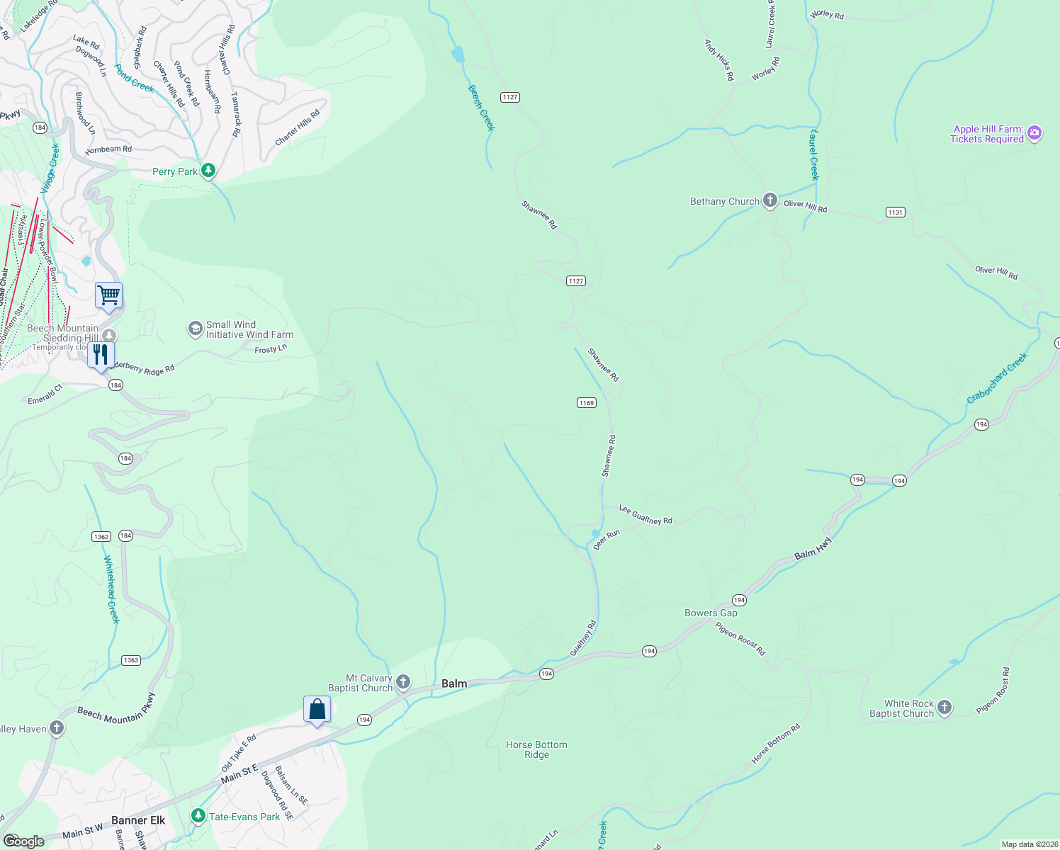map of restaurants, bars, coffee shops, grocery stores, and more near Old Farm Road in Banner Elk