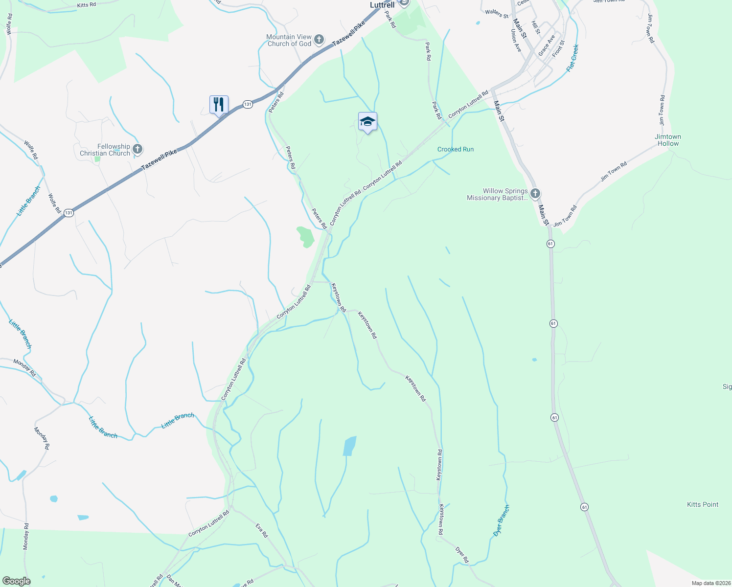 map of restaurants, bars, coffee shops, grocery stores, and more near 175 Keystown Road in Luttrell