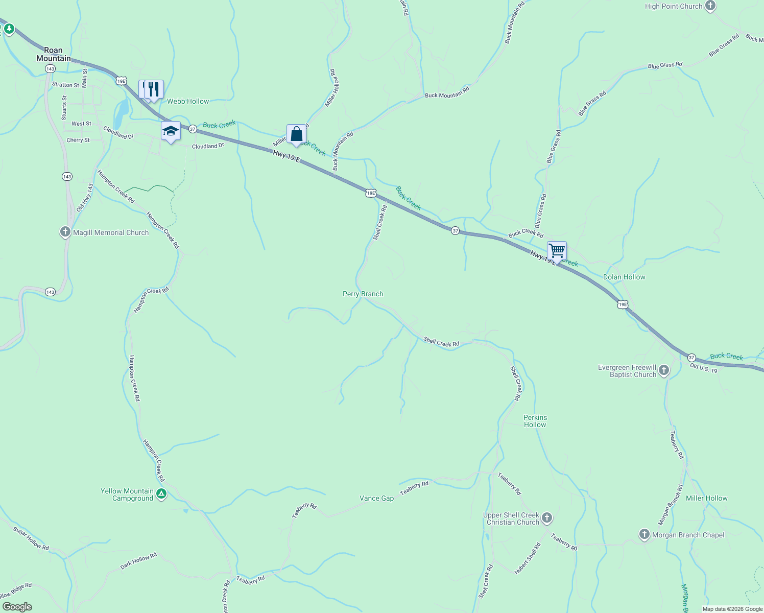 map of restaurants, bars, coffee shops, grocery stores, and more near 220 Shell Creek Road in Roan Mountain