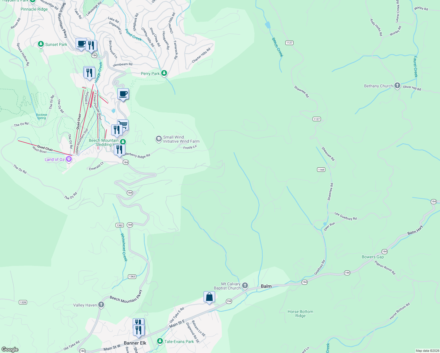 map of restaurants, bars, coffee shops, grocery stores, and more near 679 Fox Run Road in Banner Elk