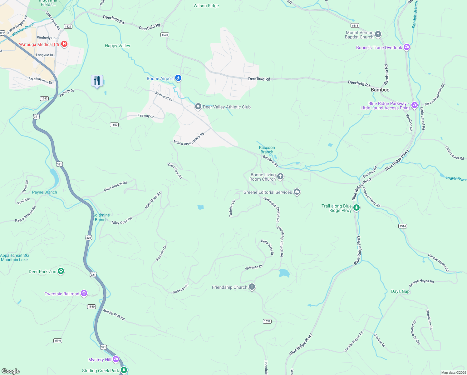 map of restaurants, bars, coffee shops, grocery stores, and more near 208 Kirkwood Heath in Boone