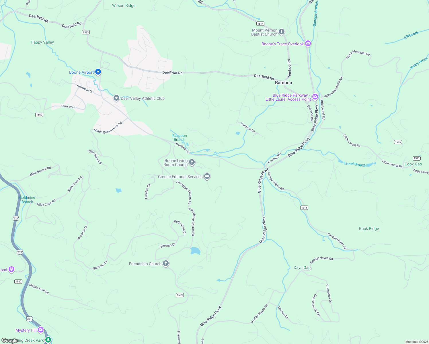map of restaurants, bars, coffee shops, grocery stores, and more near 623 Wintergreen Drive in Boone