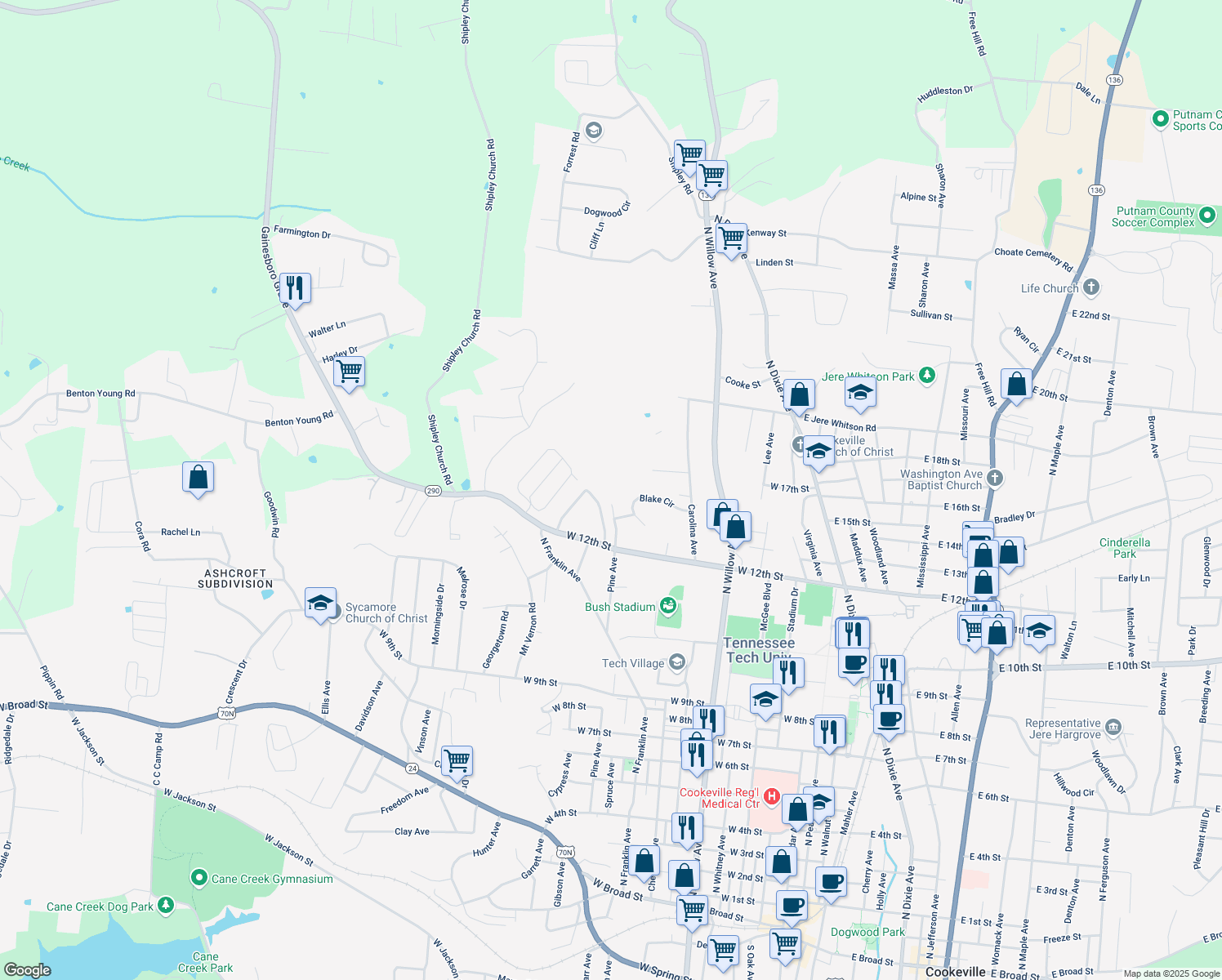 map of restaurants, bars, coffee shops, grocery stores, and more near 1245 Pine Ave in Cookeville