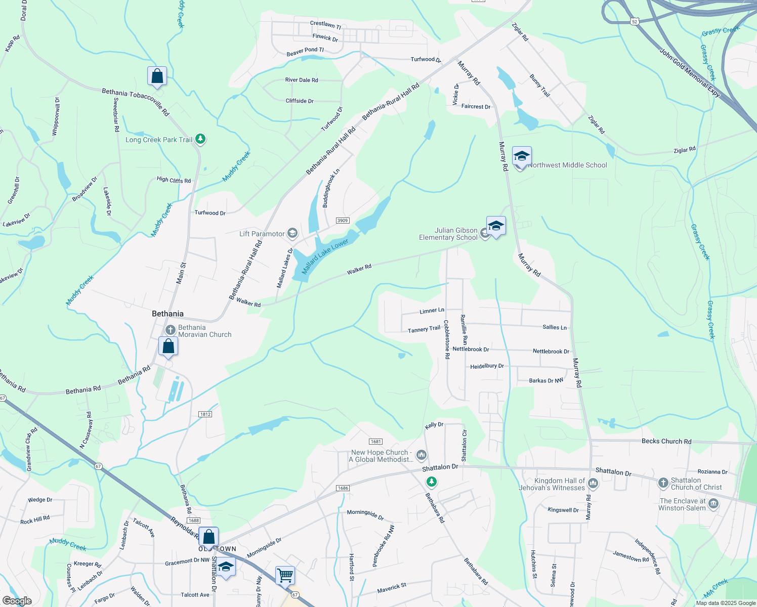map of restaurants, bars, coffee shops, grocery stores, and more near 5124 Wheeler Court in Winston-Salem